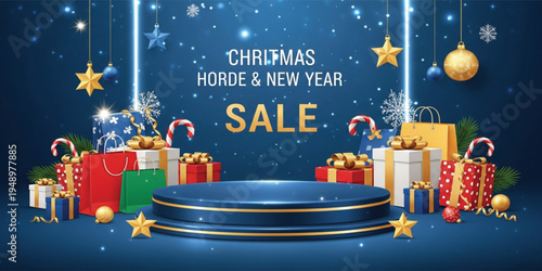 Christmas and New Year Sale Banner with Gift Boxes Shopping Bags Candy Canes Snowflakes and Festive Holiday Decorations Retail Promotion Background