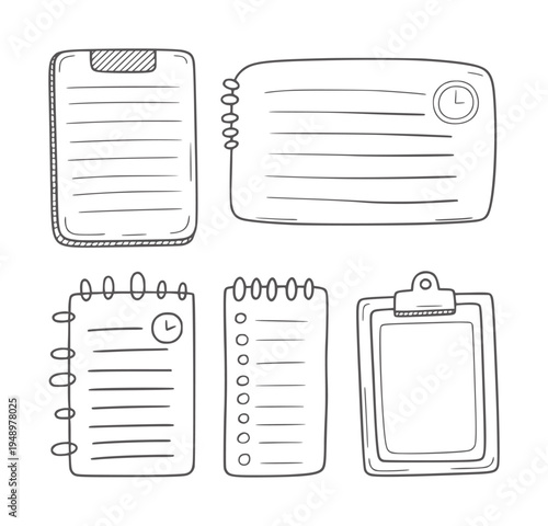 Black and white doodle of notebooks and clipboards paper writing