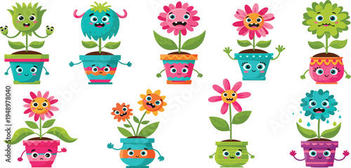 Cute Cartoon Flower Characters in Funny Plant Pots Vector Set with Smiling Floral Mascots for Kids Stickers, Gardening Designs and Decorative Elements