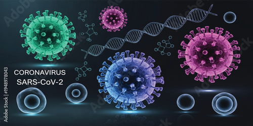 Coronavirus SARS CoV 2 Virus Cells with DNA Helix and Molecular Structure Scientific Medical Illustration for Pandemic Research Virology Healthcare and Biotechnology Concept