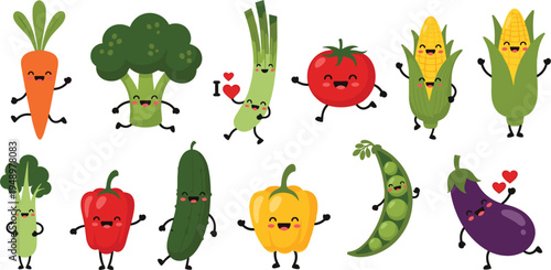 Cute Cartoon Vegetable Characters Collection with Carrot Broccoli Tomato Corn Pepper and Eggplant Funny Healthy Food Mascot Illustration Set