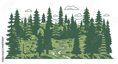 Vector illustration of a forest landscape with pine trees and a winding road