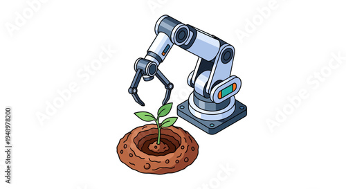 Industrial Robotic Arm Planting a Young Seedling into a Circular Patch of Cultivated Soil, Isolated White Background