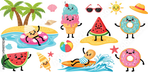 Cute Summer Cartoon Character Set with Ice Cream, Donut, Watermelon, Beach Elements and Funny Food Mascots for Vacation Stickers and Kids Designs