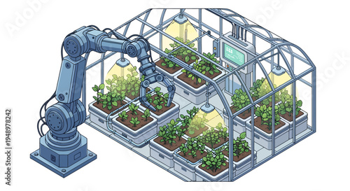 Robotic arm operating within an automated greenhouse, caring for plants in containers for smart agriculture in bright studio.