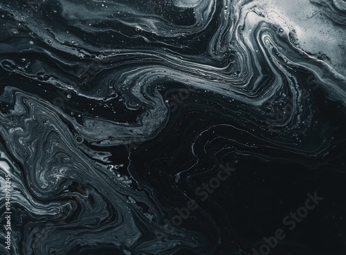 Abstract swirling monochrome pattern with fluid, organic marble-like textures and dark tones