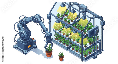 Robotic arm working alongside a vertical farm rack, cultivating plants in pots within an indoor farm setup in bright studio.