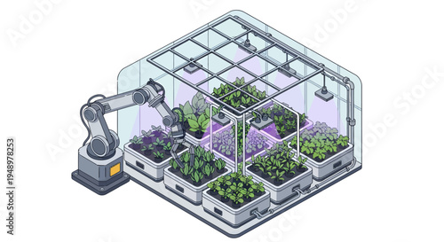 Isometric view of a compact automated plant cultivation system with various plants growing in bright studio.