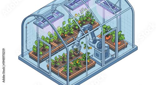 Isometric view of an automated vertical farm interior with robotic arm tending to growing plants in bright studio.