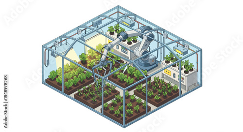 Isometric view of an automated greenhouse with robotic arm managing plants for smart agriculture in bright studio.