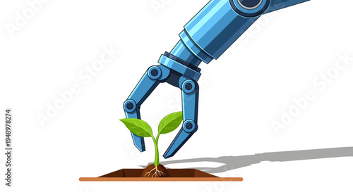 Blue robotic arm carefully holding a small plant sprout above soil on isolated white background.