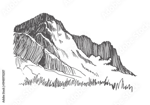 Black and white ink of a snow capped mountain range with grassy foreground
