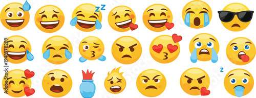 Funny Emoji Faces Vector Set with Laughing Crying Angry Sleeping Love and Cool Emoticons Collection for Social Media Chat Stickers and Messaging Design
