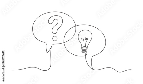 Black and white line of a question mark in a speech bubble and a lightbulb in another