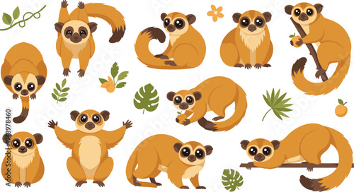 Cute Kinkajou Character Collection with Different Poses Including Climbing, Sitting, Playing and Relaxing Cartoon Tropical Animal Vector Illustration Set.