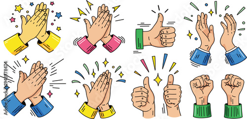 Hand Gesture Applause and Thumbs Up Cartoon Icon Set with Clapping Hands, Fists and Positive Reaction Symbols for Social Media and Communication