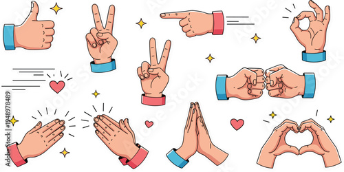 Hand Gesture Cartoon Icon Set with Thumbs Up, Peace Sign, OK Symbol, Clapping, Praying Hands and Heart Shape for Communication and Social Expression