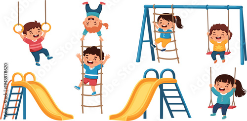 Happy Kids Playing on Playground Equipment Vector Illustration Set Featuring Swings, Slides, Climbing Rope, Gymnastic Rings and Outdoor Children Activities