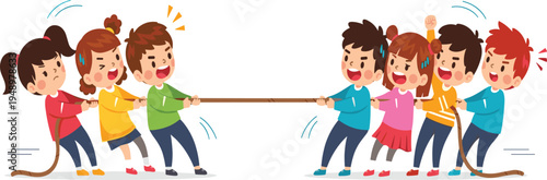 Happy Kids Playing Tug of War Game Vector Illustration with Children Team Competition Activity for School Sports Day and Outdoor Playground Fun