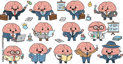 Cute cartoon brain businessman characters vector set working studying teaching scientist manager office jobs intelligence mascot illustration collection isolated background