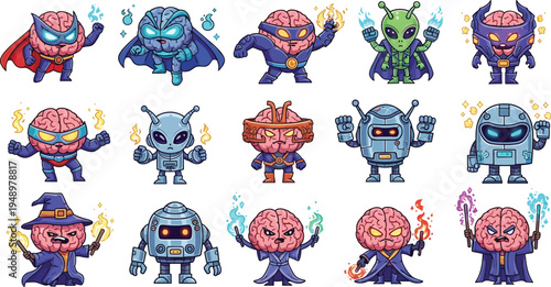 Cute cartoon brain superheroes robots aliens and wizard characters vector set fantasy sci fi intelligence mascot illustration collection isolated background