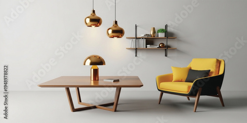 Modern Minimalist Living Room Interior with Yellow Armchair Wooden Coffee Table Decorative Shelf and Stylish Lighting Contemporary Home Decor Design