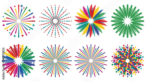 Abstract sunburst set with colorful radial lines and firework shapes