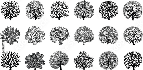 Coral reef silhouette collection featuring various sea coral shapes and marine reef plants, underwater ocean nature elements vector illustration set