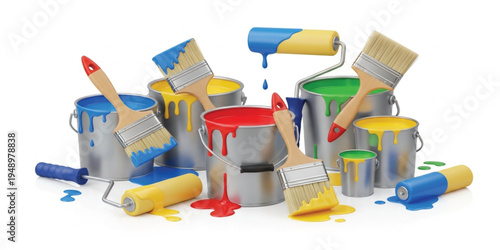 Paint Buckets with Colorful Dripping Paint Brushes and Rollers Set for Home Renovation Decoration Construction Painting Tools and DIY Improvement Concept