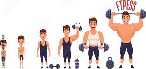 Muscle Growth Fitness Transformation Vector Illustration Showing Skinny to Muscular Body Progress with Weightlifting, Dumbbells and Bodybuilding Training Stages