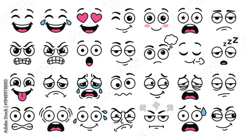 Cartoon faces expressing various human emotions, feelings and reactions shown as a collection of isolated icons on a plain white background surface