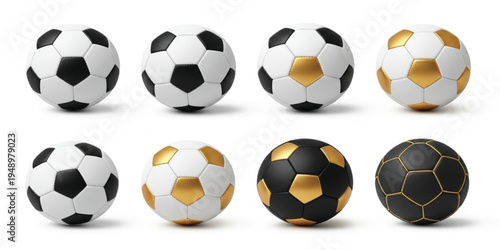 Soccer Ball Collection Set with Classic Black White and Luxury Gold Football Designs for Sports Equipment Branding Tournament Promotion and Game Illustration