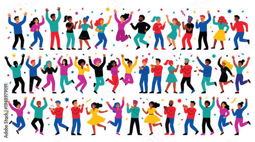 Diverse group of happy people jumping and dancing at festive party