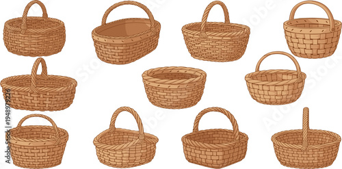 Wicker Basket Collection with Handwoven Straw Containers for Storage, Picnic, Harvest and Home Decoration Rustic Craft Vector Illustration Set