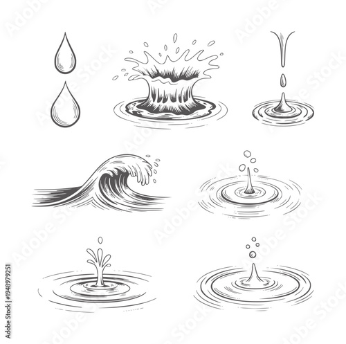 Black and white style of water drops waves and splashes ripple
