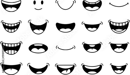 Collection of Diverse Cartoon Mouth Expressions and Smiles White Background happy