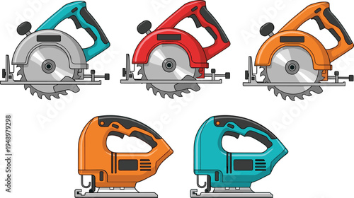 Illustration of circular saws and jigsaws in different colors, woodworking and construction tools concept for carpentry, DIY, and industrial design