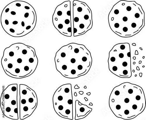 Hand Drawn Chocolate Chip Cookies Collection Various Stages Of Being Eaten chips