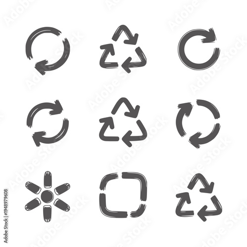 Collection of nine simple dark grey recycling and rotation symbols arrows circular