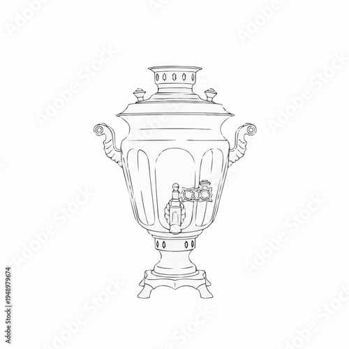 Vintage samovar in detailed design on white background with copy space