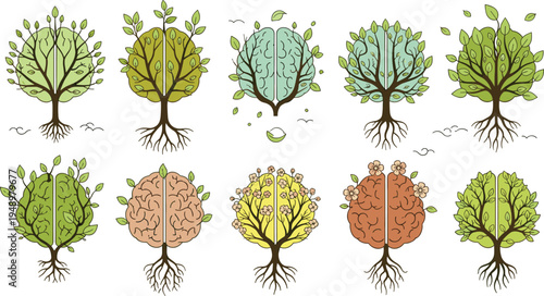 Brain shaped tree vector set concept of mind growth nature intelligence psychology creativity eco thinking roots and leaves illustration collection isolated background