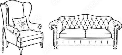 Vintage Wingback Armchair and Tufted Chesterfield Sofa Line White Background furniture