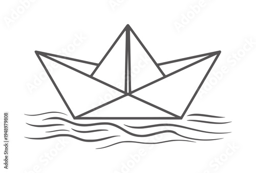 Minimalist black and white line of a paper boat floating wavy water origami waves
