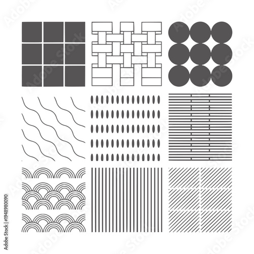 Nine distinct black and white geometric and organic pattern abstract