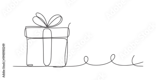 Single line of a gift box with ribbon and trailing string