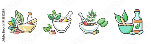 Set of four mortar and pestle icons with herbs and capsules for herbal medicine