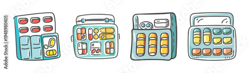 Pill organizers with various pills and capsules, for daily medication management
