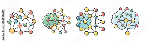 Four hand-drawn icons depicting neural networks with interconnected nodes and brain shapes.
