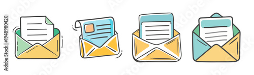 Set of four hand-drawn icons representing email newsletters and open envelopes with documents.