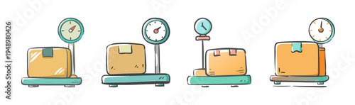 Hand-drawn illustration of four different weighing scales with boxes on them.